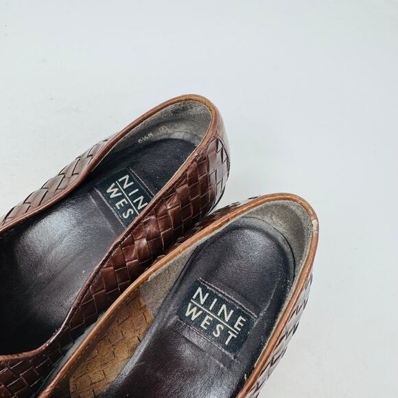 Vintage Nine West 6.5M Brown Woven Leather Loafers Block Heel Slip On Classic - Picture 3 of 12